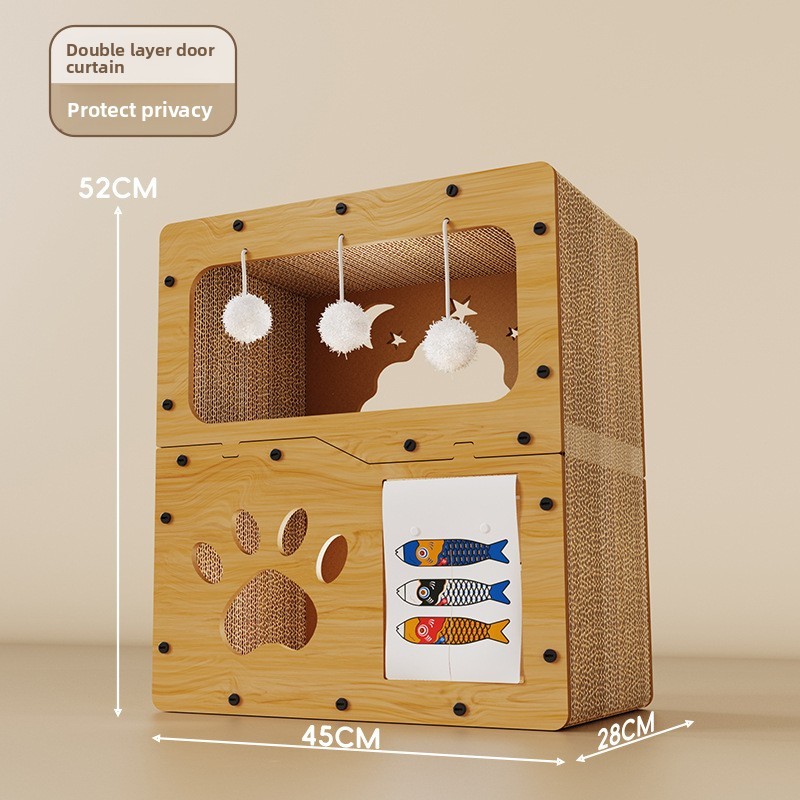 Three-layer luxurious cat scratching pad cat den with curtain