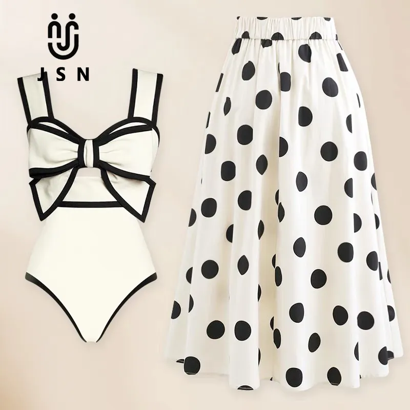 Jsn 2024 áo tắm và váy cổ điển Đồ bơi một mảnh thắt nơ 3D Bộ Bikini nữ bộ đồ tắm hai mảnh váy đi biển Monokini