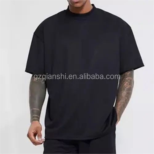 Camiseta corta Unisex en blanco de alta calidad para hombre, camiseta negra cuadrada personalizada de gran tamaño, Camiseta de algodón de peso pesado con hombros caídos, Camiseta con cuello simulado