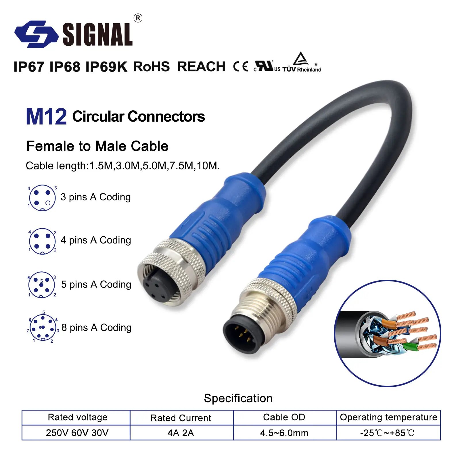 M12 X-coding cable conector circular IP67 IP68 IP69 3PIN 4PIN 5PIN 8PIN hembra a macho M12 CABLE lente 1,5 m 3M 5M 7,5 m 10m cable