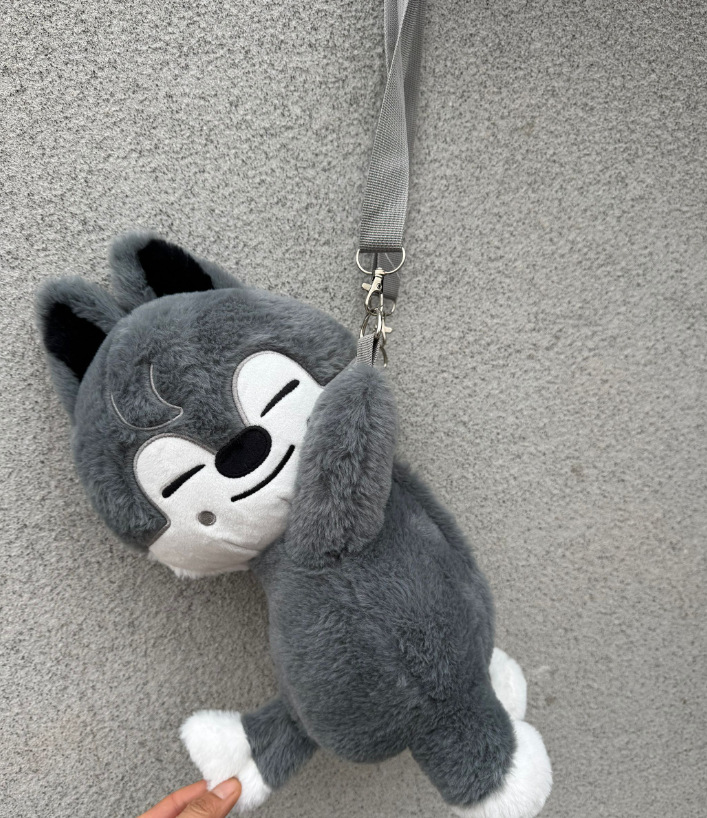 Sk gray wolf plush crossbody bag