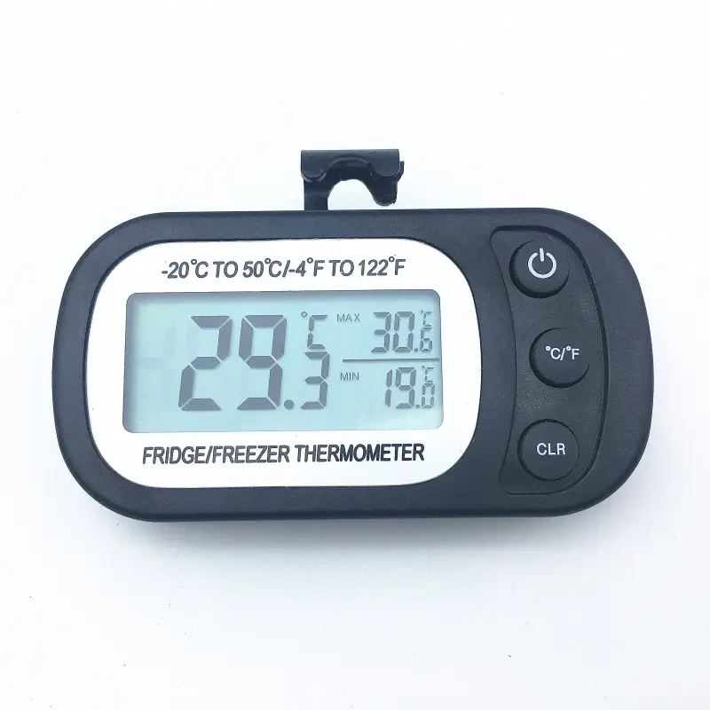 Elektronik dijital termometre mutfak buzdolabı, mıknatıs kanca ile su seviyesi ölçer, LCD ekran
