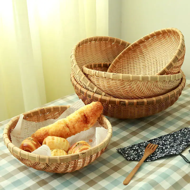 Cesta de bambu tecido à prova de poeira, cesta redonda para frutas, pão, alimentos, tecido, cesto