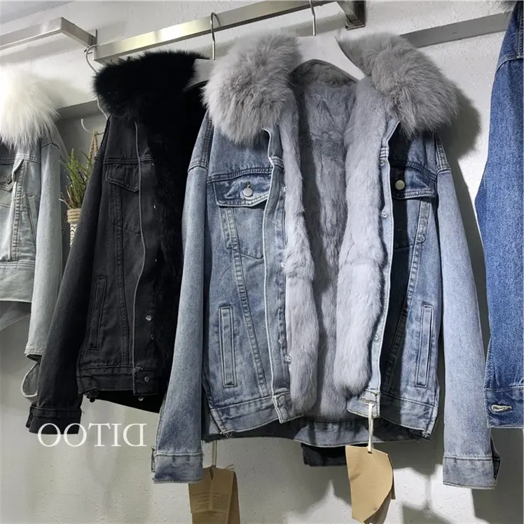 Áo Khoác Nữ Mùa Đông Ấm Áp Mới Áo Khoác Lông Thỏ Chính Hãng Áo Khoác Bò Nữ Áo Khoác Denim Nữ Cổ Lông Ngắn Parka