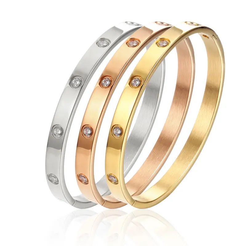 DAICY Bán Buôn Thời Trang Nam Nữ Mạ Vàng Tình Yêu Pha Lê Kim Cương Trang Sức Bracelet 316l Thép Không Gỉ Bangles