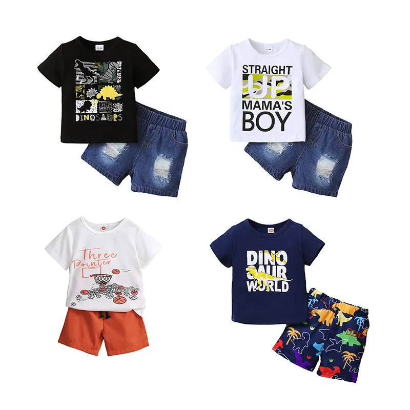 Roupa infantil menino, conjuntos de roupas de verão para meninos de 1 ano de idade, camisa de manga curta rasgada jeans