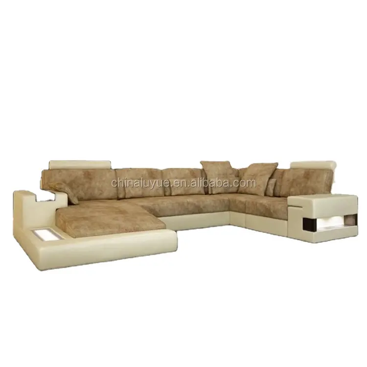 Atacado design simples moldura de madeira chaise lounge confortável couro genuíno forma de u conjunto de sofá de canto com lâmpadas