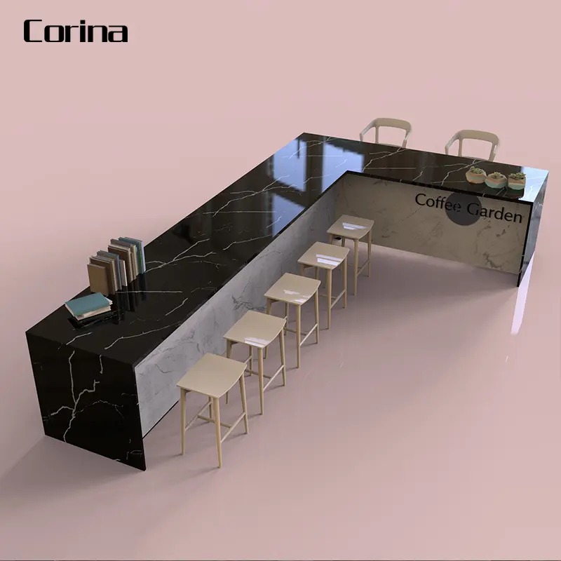OEM de lujo personalizado en forma de L luz LED Café Bar Mostrador de escritorio de diseño Muebles bar mesa de bar vino bar pantalla para sala de estar