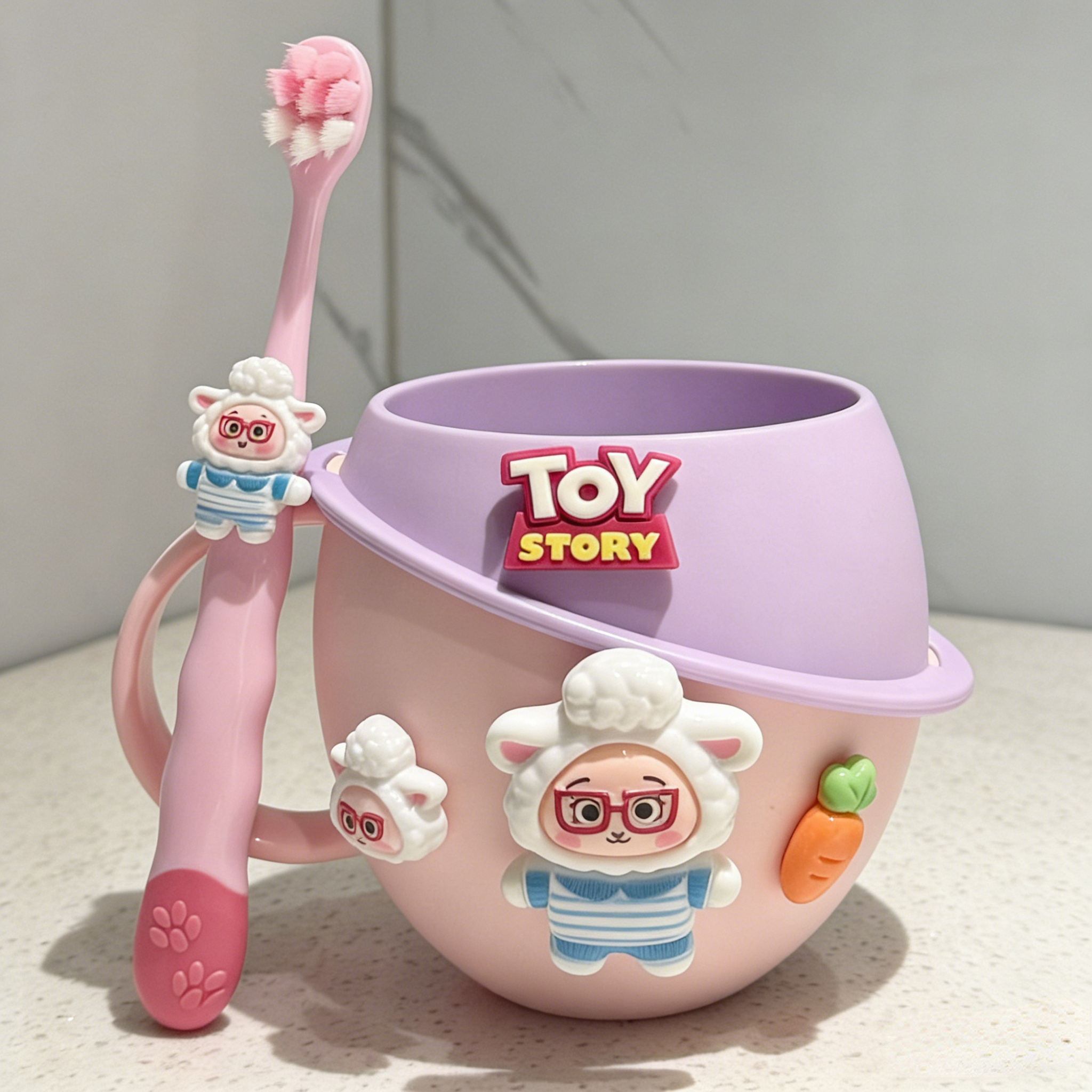Pink cup lamb + toothbrush