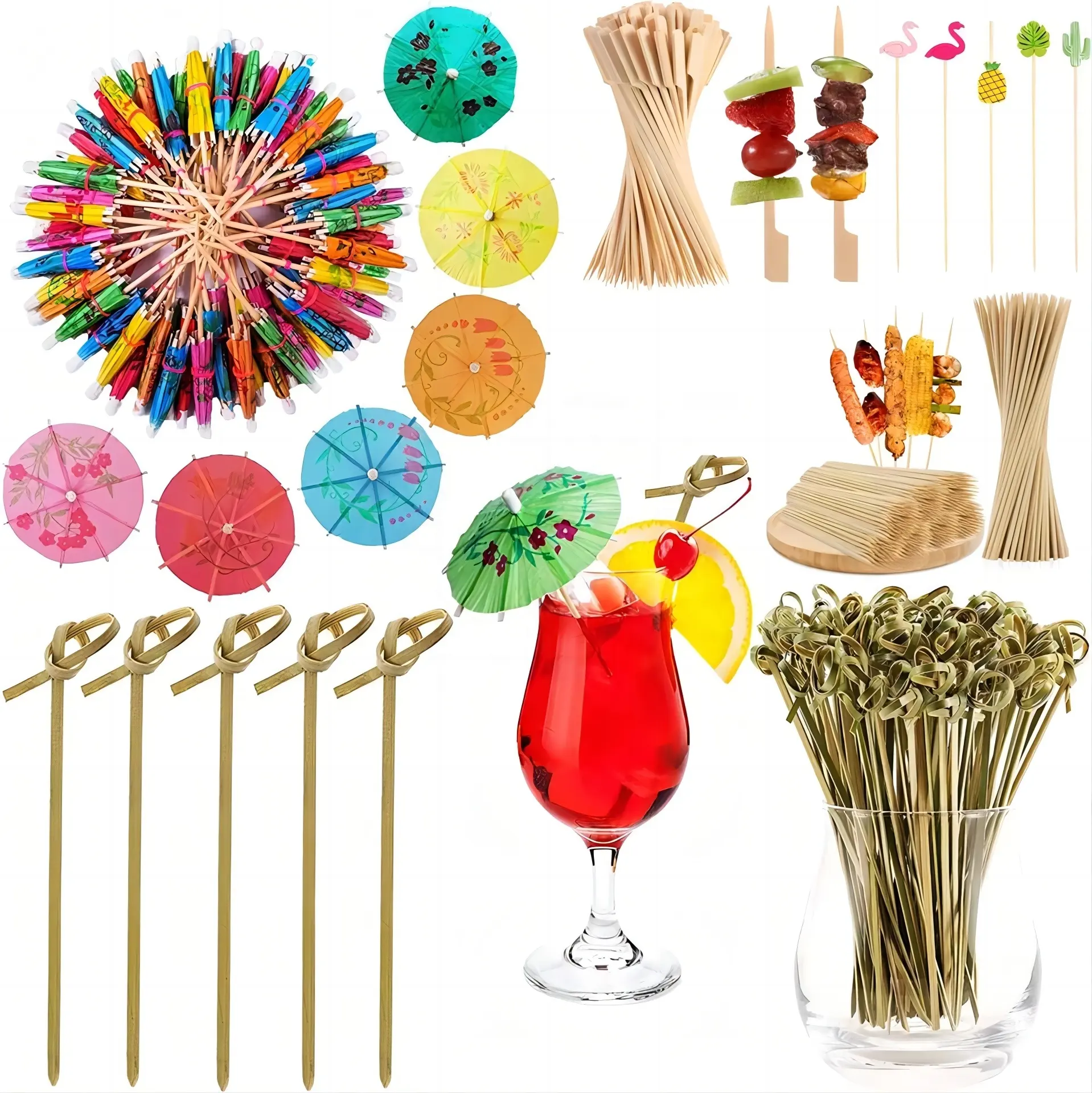 wholesale disposable red /black /green party food cocktail picks bamboo looped knot skewers