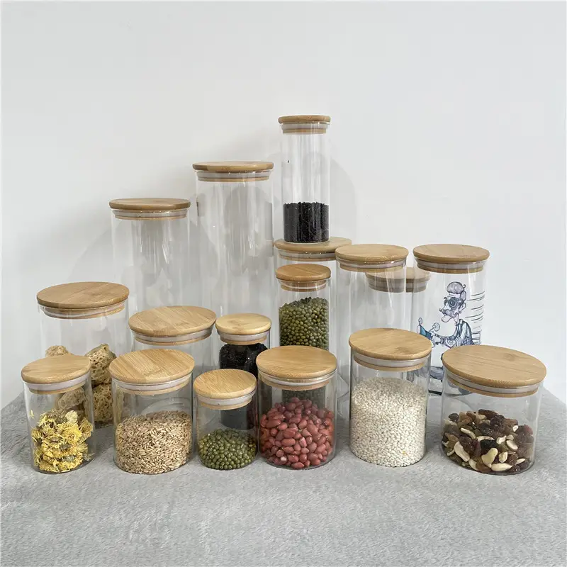Barattoli di vetro di stoccaggio del riso di progettazione di sublimazione in bianco di progettazione per la cucina con i coperchi ermetici di legno sigillati di bambù