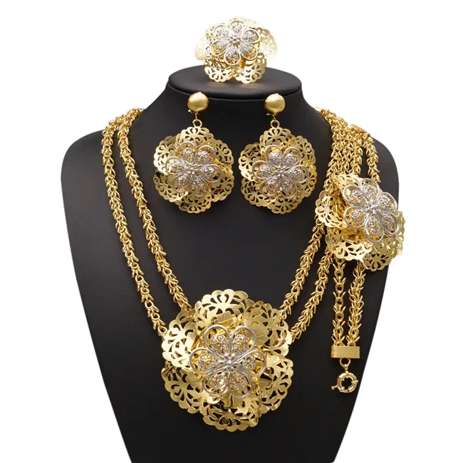 Yulaili conjunto de joias, conjunto de joias banhadas a ouro, flores de ouro e ouro, elegante, colar de quatro peças