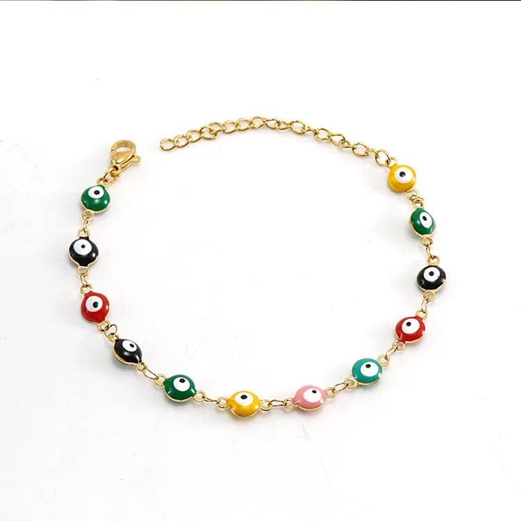 Pulsera de ojo malvado de joyería de acero inoxidable decorativa a mano a la moda, pulseras de cuentas de Metal con ojos de diablo esmaltados coloridos