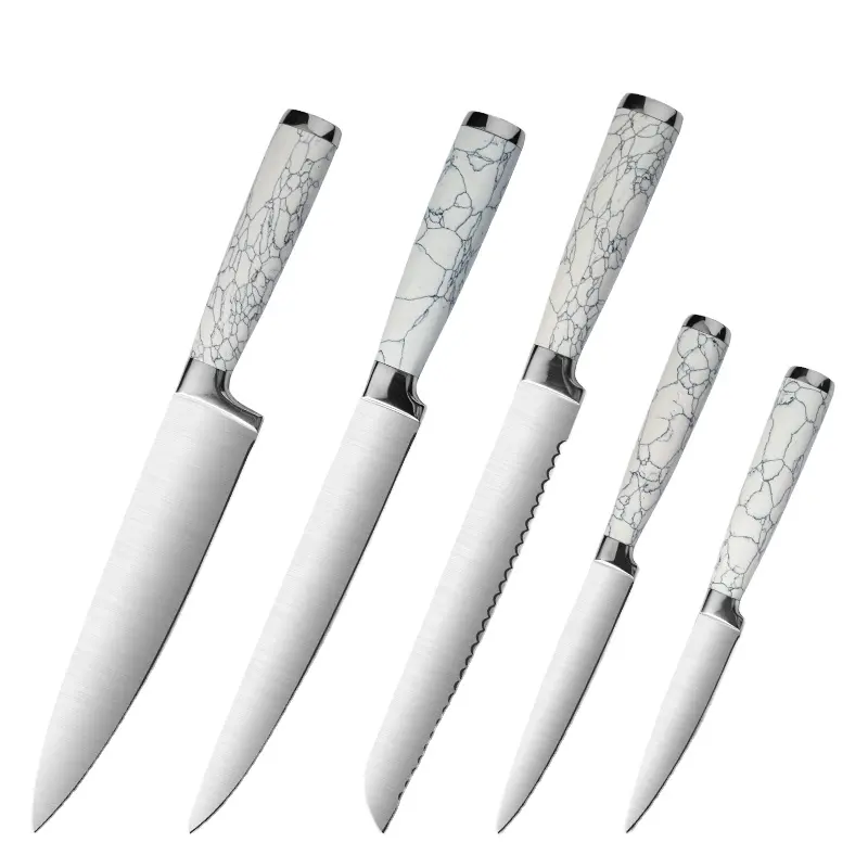 Coltello da cucina in marmo bianco reale Set di coltelli da 5 pezzi Yangjiang fornitore di fabbrica OEM