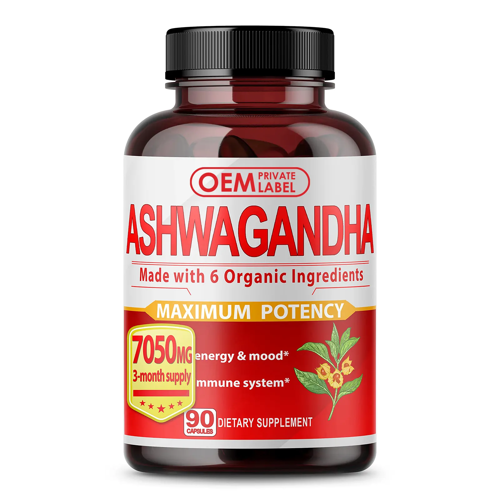 Capsules d'extrait de racine d'ashwagandha naturel personnalisé suppléments 7050mg supplément énergétique soulagement du stress capsule d'extrait d'ashwagandha