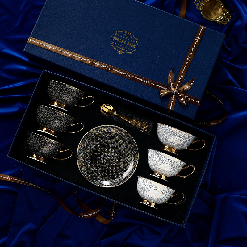 Black and white gold exquisite gift box (blue 6 cups dish spoon)