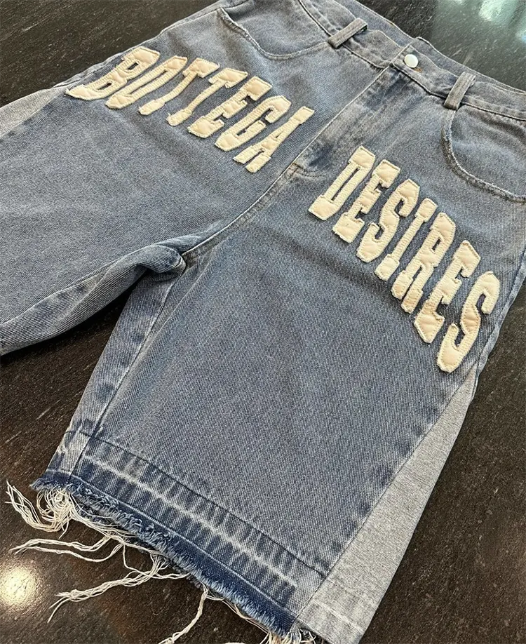 EDGE DENIM Custom RAW dobladillo desgastado apliques bordados jeans shorts hombres