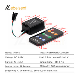 SP106E LED Music Controller DC 5V 12V 600 Pixel IC SPI Signal Dimmer con telecomando RF a 9 tasti per striscia luminosa a cifre RGB a colori - Product Image 3