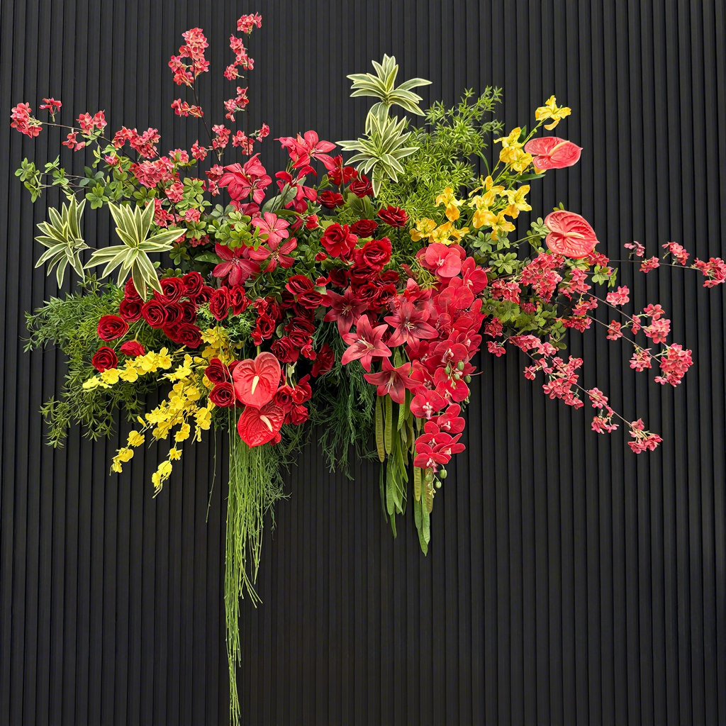 Maquillage rouge pour mariage, iris jaune, grandes fleurs suspendues de 16 m.