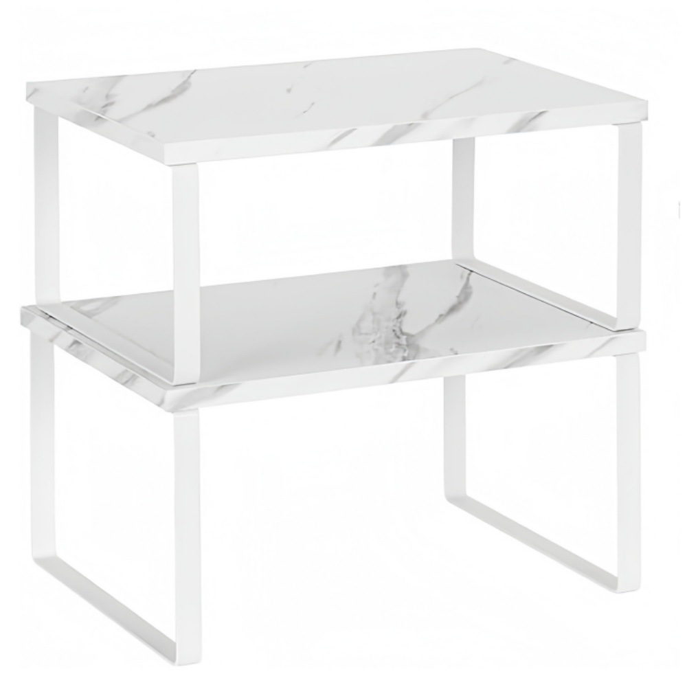 Set due pezzi con motivo in marmo bianco + struttura in ferro bianco