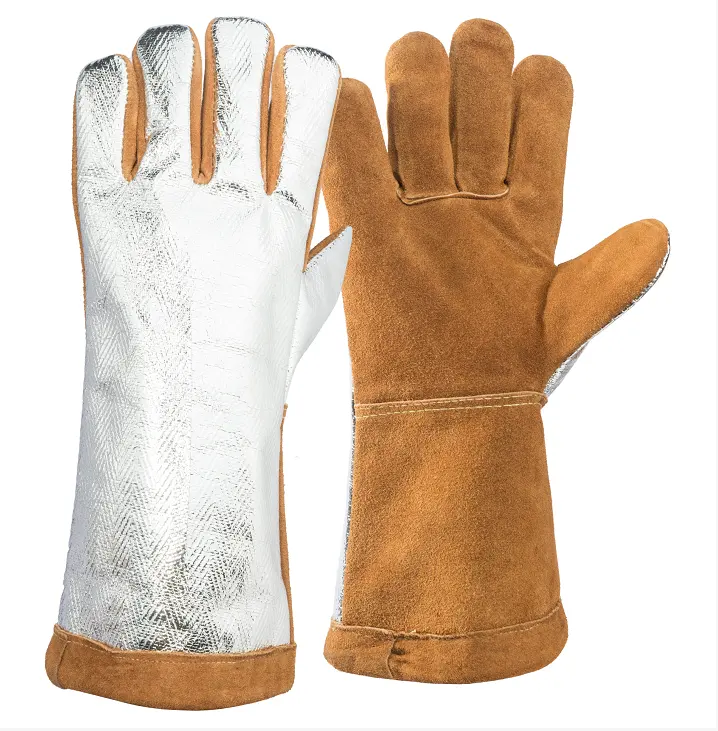 Welding Gloves Cow Split Leather Palm Aluminium Foil Back Double Protection Heat Resistant Arc Welding Working Gloves