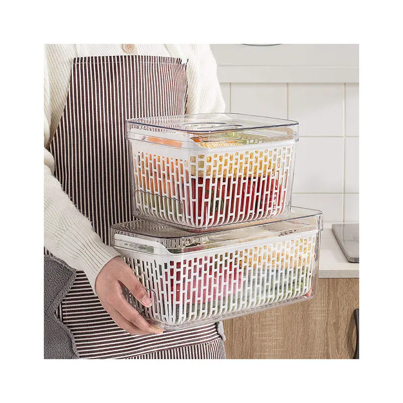 Contenedor transparente de cocina para nevera, organizador de frutas y verduras, cesta de drenaje de almacenamiento con tapa