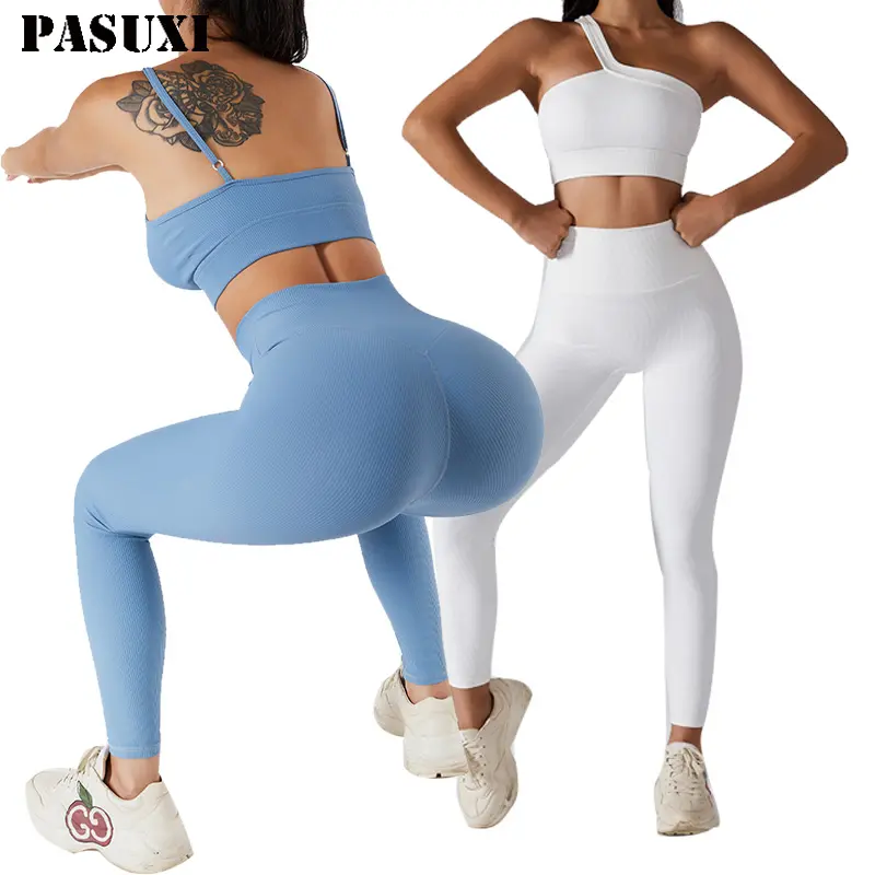 PASUXI Popular Seamless Ribbed Yoga Set 2 Piece Sports Leggings Gym Clothes Fitness Tracksuit Workout Plus Size Yoga Wear
