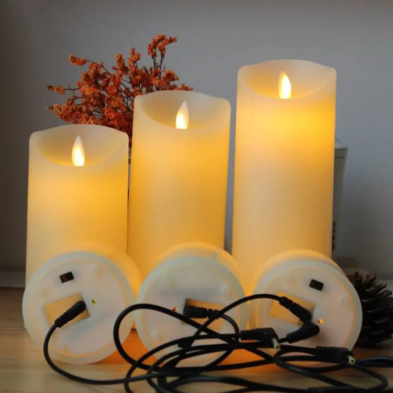 2024 velas de pilar sin llama Led recargables con velas LED de llama móvil con cable USB con control remoto