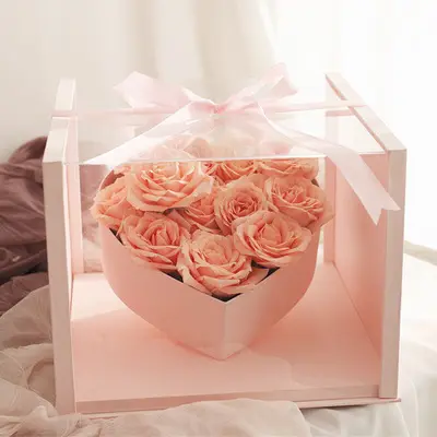 Scatola di fiori 2023 a forma di cuore acrilico paesaggio fiore regalo scatola di san valentino trasparente rosa Bouquet scatola di imballaggio