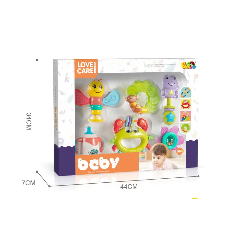 Chocalhos engraçados para bebês, conjunto de brinquedos de desenho animado para recém-nascidos, brinquedo calmante para cama e anel de mordedores
