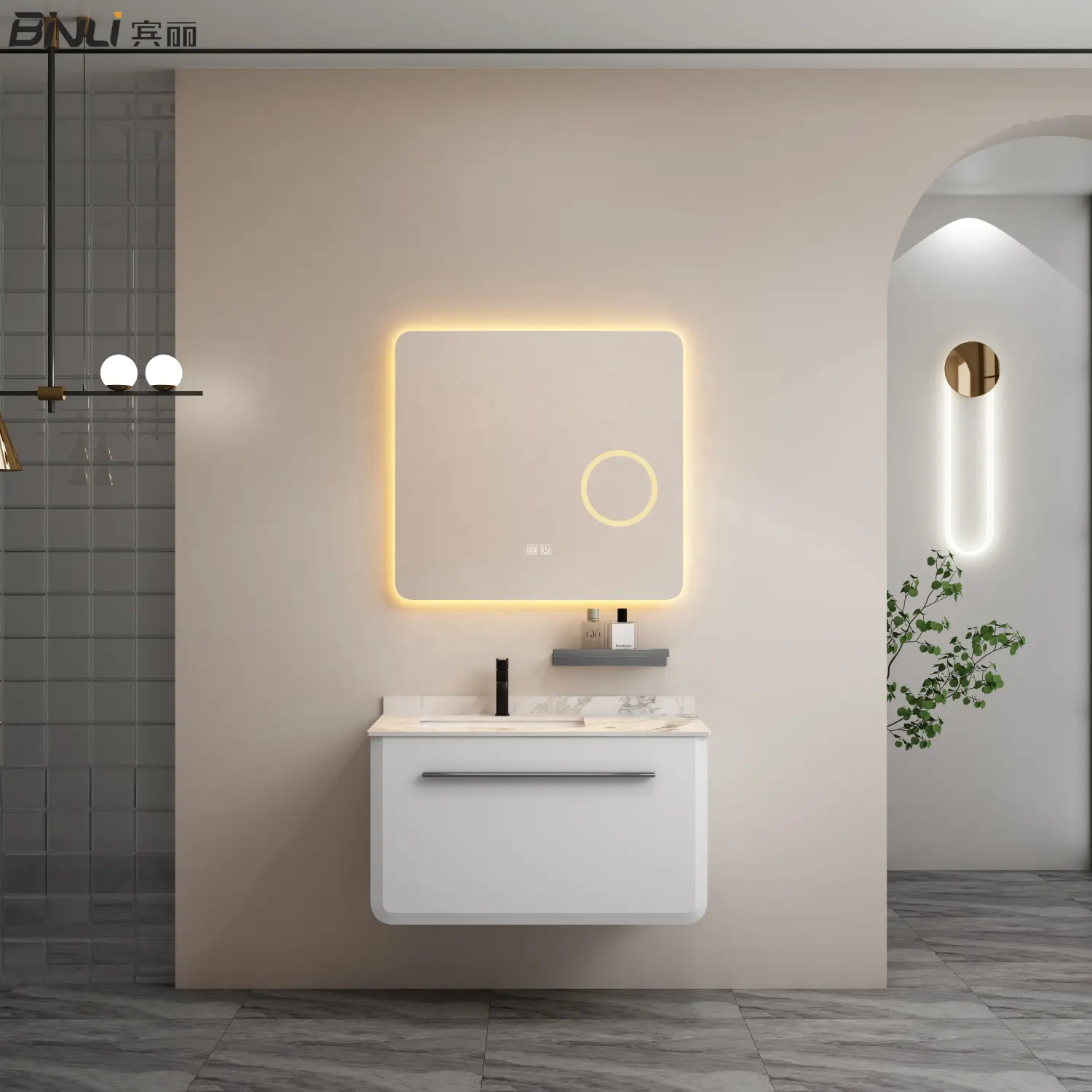 Lusso stile europeo bagno pietra pietra pietra lavabo lavabo parete galleggiante cassetto di stoccaggio con LED specchio per la vendita