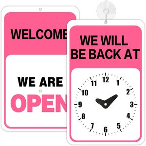 Dấu hiệu trả lại với đồng hồ màu hồng cho phụ nữ 'chúng tôi sẽ trở lại' và 'chào mừng chúng tôi mở' từ trên hai mặt bao gồm cốc hút - Product Image 1