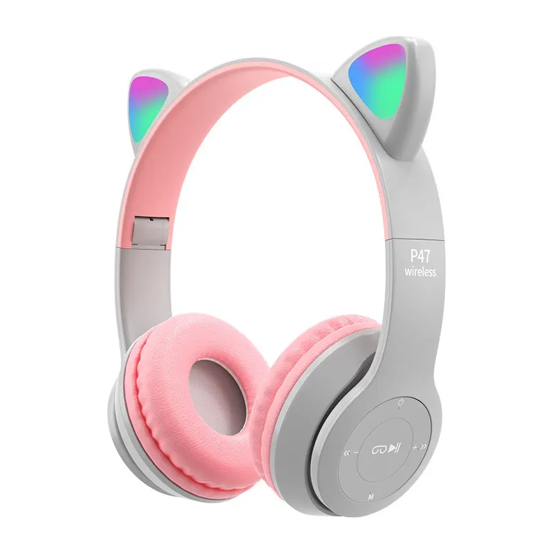 Auriculares electrónicos P47M, inalámbricos por Bluetooth, con LED rosa, para orejas de gato, novedad