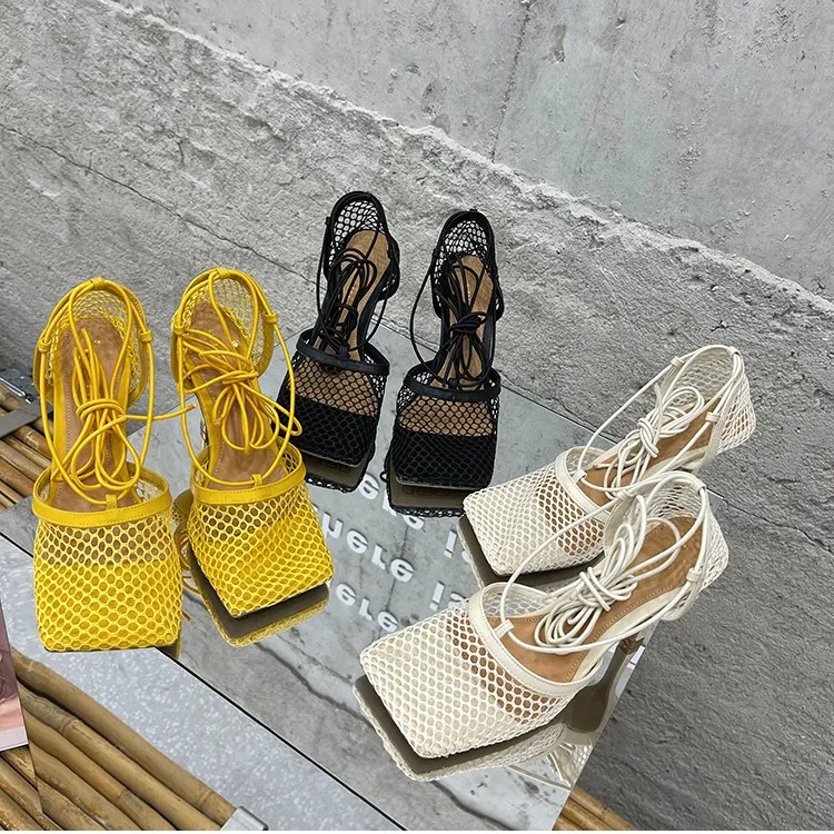 New Sexy Yellow Mesh Pumps Sandals Female Square Toe high heel Lace Up Cross-tied Stiletto hollow Dress shoes