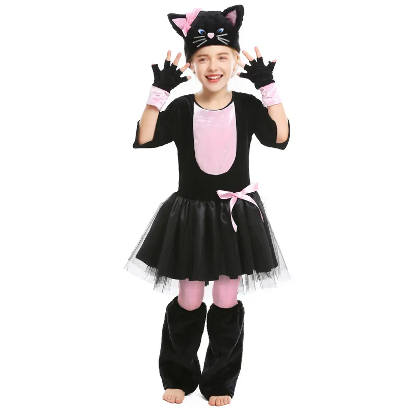 Disfraz de Halloween, disfraz de personaje de Animal, disfraz de Cosplay, disfraz de gato negro y rosa con lazo para niños