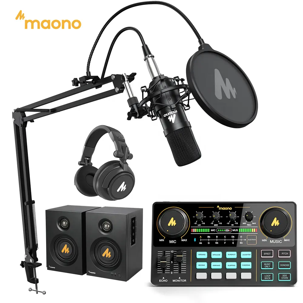 MAONOCASTER-Mezclador de Podcast, micrófono condensador, Monitor de auriculares, altavoz, mezcladores de tarjetas de sonido