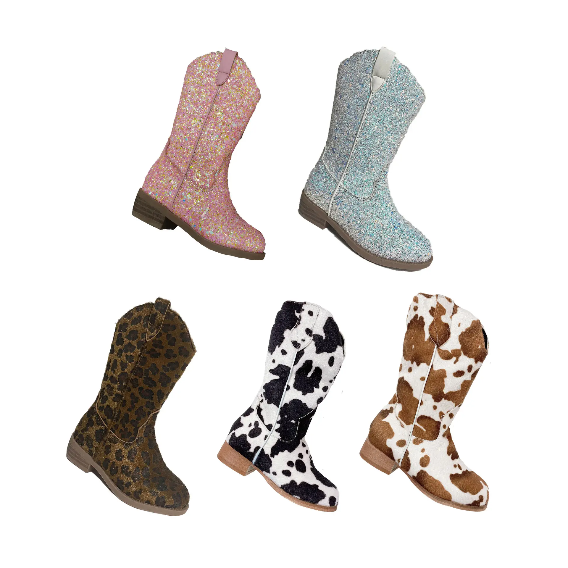 Botas de cuero de vaca con estampado de leopardo para bebé, zapatos de bota hasta la rodilla con brillo brillante, estilo vaquero occidental