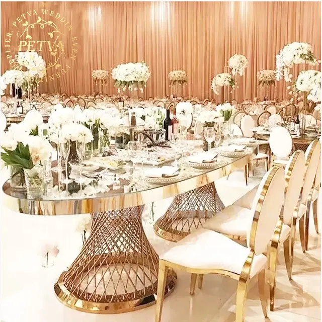 Meja Makan cermin kaca, perlengkapan pesta meja pernikahan dan kursi pengantin oval