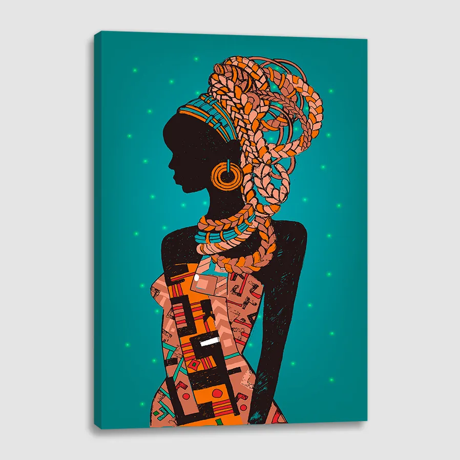 Pinturas Negras enmarcadas para mujer, estampadas en lienzo, retrato africano, arte de pared iluminado, imagen de pared con fibra amarilla