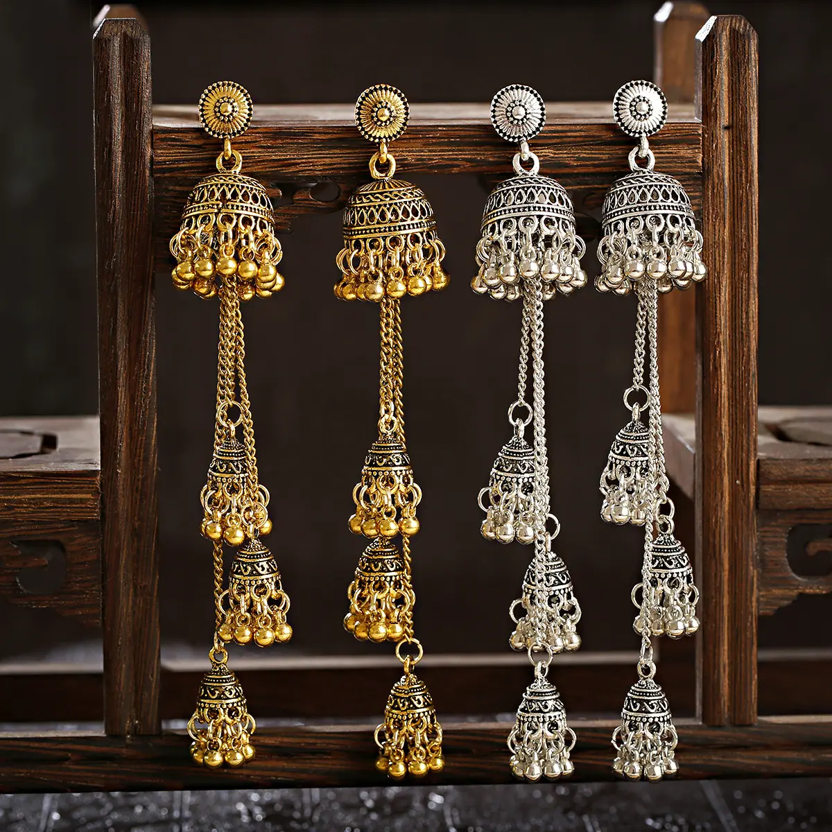 Ethnic Gold Silver Afghan Long Tassel Bead Drop Earrings Bollywood Jewellery Bell Jhumka Indian Earrings Wedding Jewelry