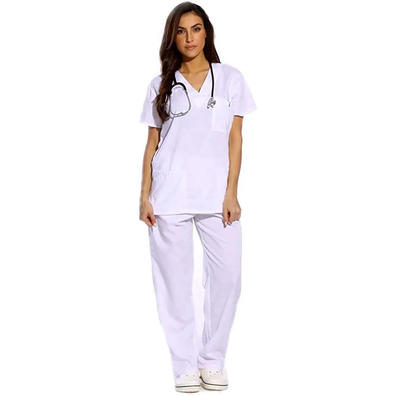 Plus size design moderno alla moda colore bianco infermiere vestito personale scrub uniformi disegni bianchi per infermiere da donna