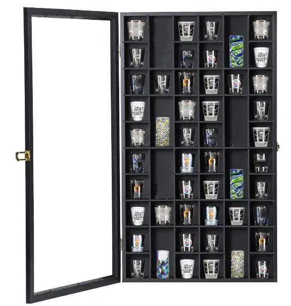 Caja de Sombra Negra artesanal montada en la pared con cerradura, armario de almacenamiento de madera, soporte para estante, vitrina de vidrio de chupito