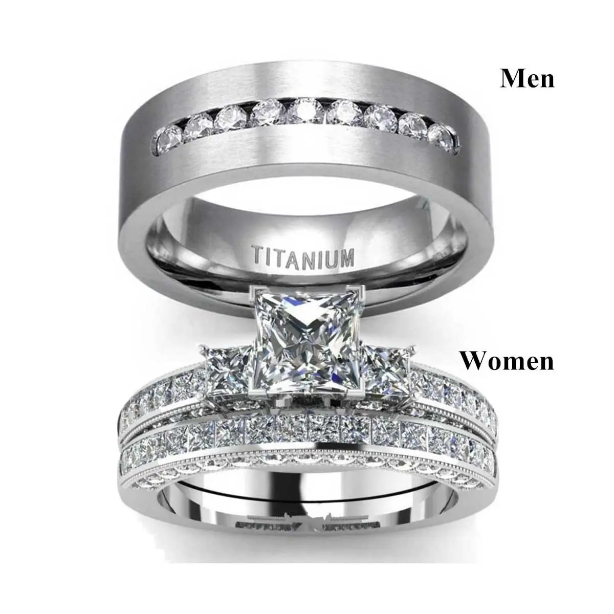 Conjunto de anel de casal, aço inoxidável banhado a ouro branco, anel quadrado, de titânio, cristal, anel de noivado, para noiva