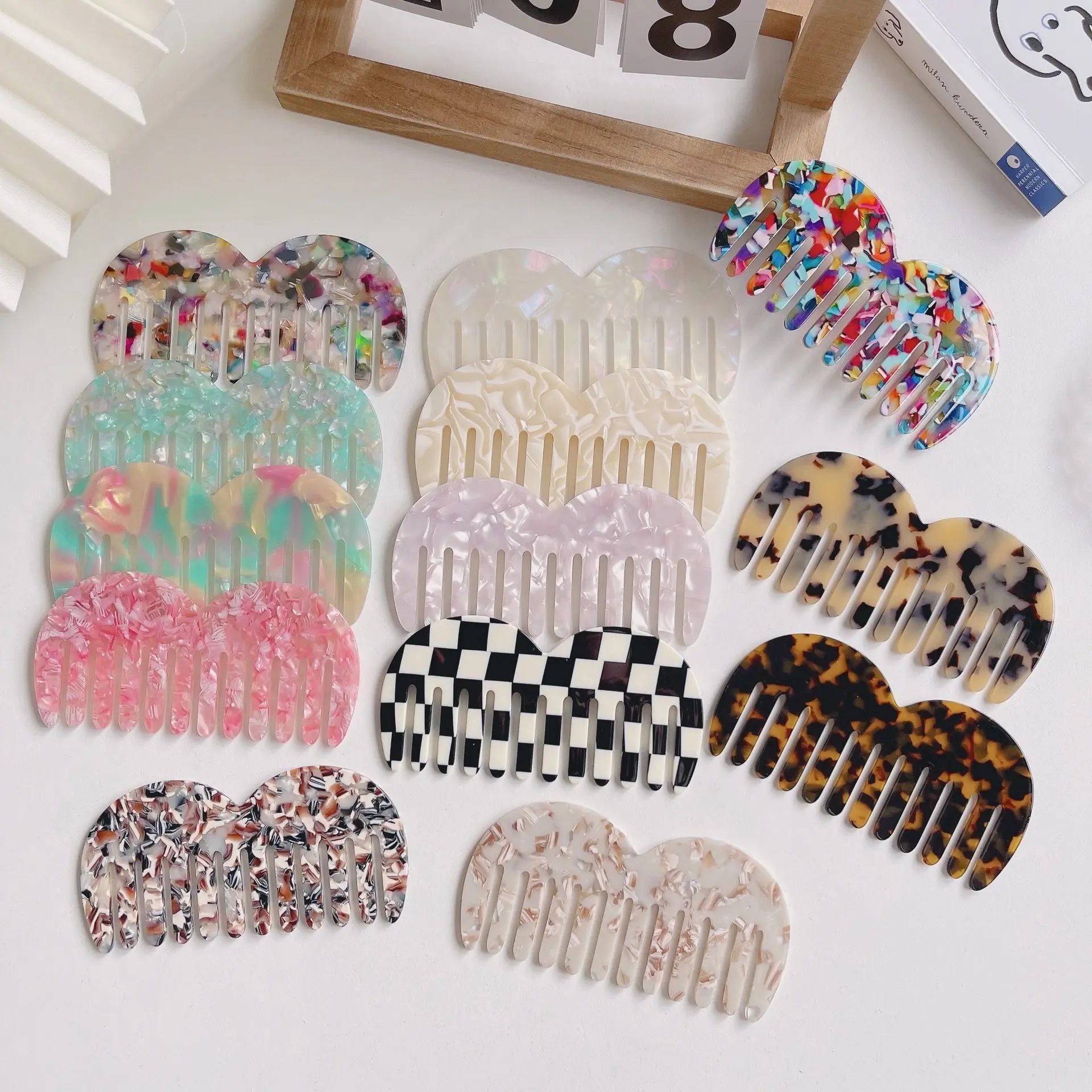 DRS 11.6cm Fine Teeth Checkerboard Checkered Personalized Antique Acetate Hair Comb For Girls