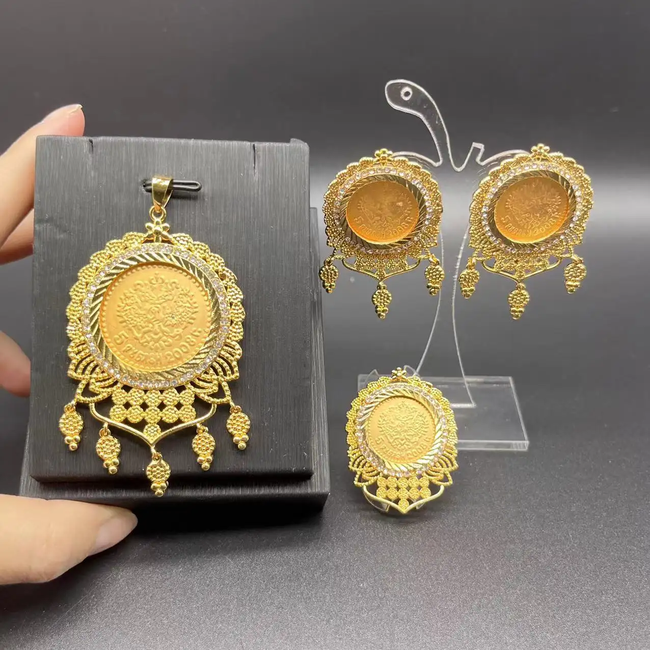 Conjuntos de joyería de oro para mujer, aretes turcos de lujo de Dubái, conjunto de anillo colgante