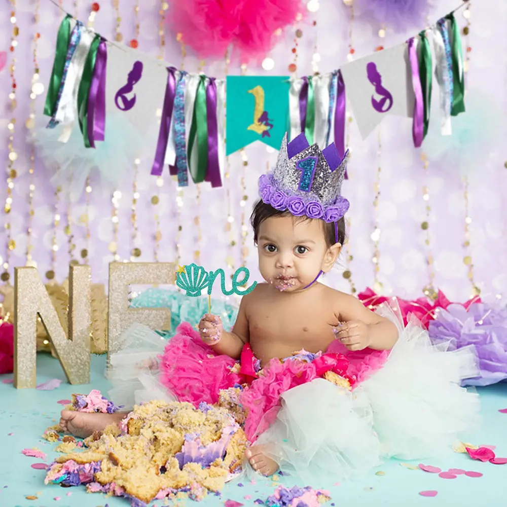 Niños sirena fiesta registro Configuración corona pastel Topper DIY princesa cumpleaños decoraciones
