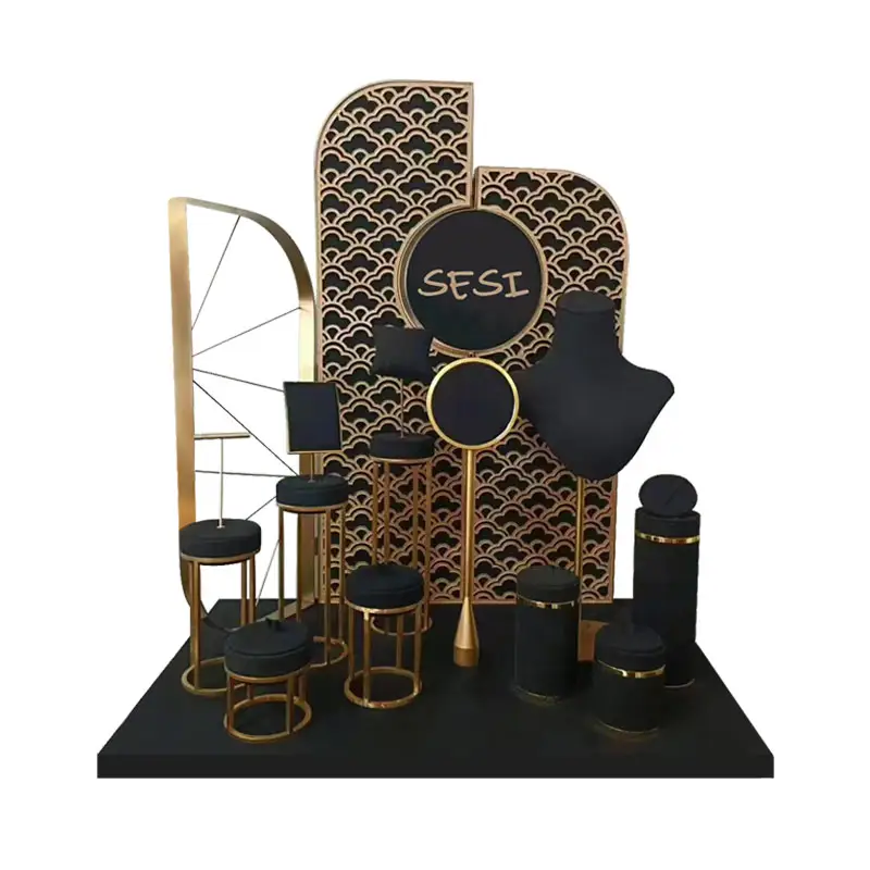 Sesi Personalizzato Oro Dei Monili del Metallo Display Stand Per Dell'anello Degli Orecchini Della Collana di Gioielli In Acciaio Inox Display