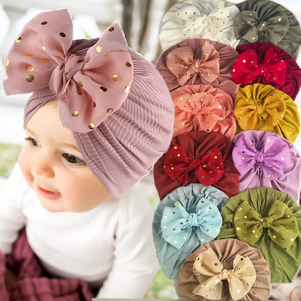 หมวกติดโบว์น่ารักสีพื้นสำหรับเด็ก,หมวกผ้าโพกหัวหมวกบีนนี่สำหรับเด็กทารกแรกเกิด