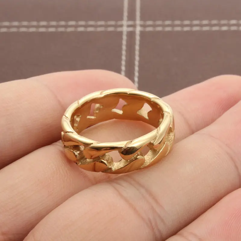 Anillo de cadena de eslabones cubanos para mujer, diseño de acero inoxidable, chapado en oro, rodio, pulido, brillante, sencillo