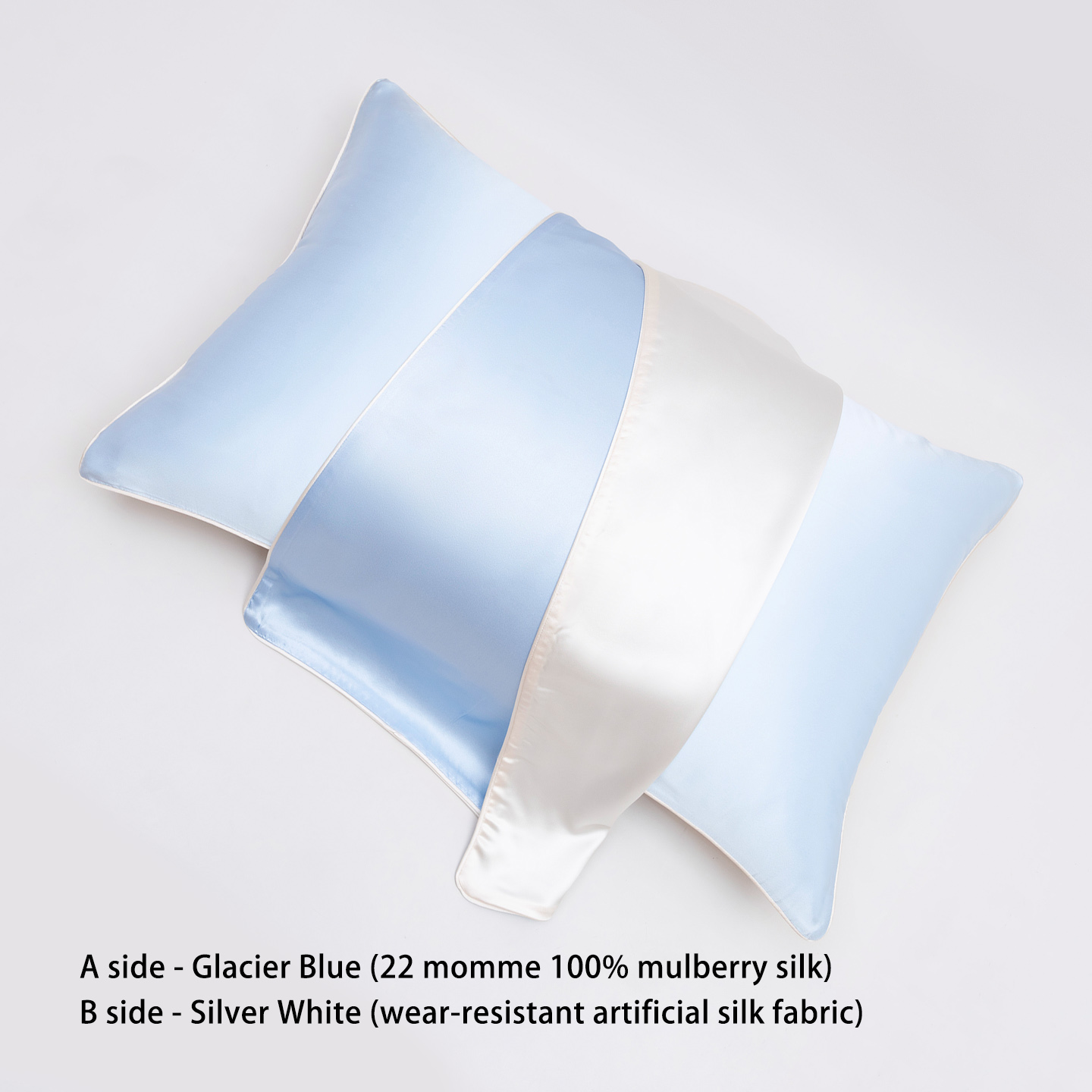 Taie d'oreiller en soie de mûrier 22 mommes, bleu glacier / blanc argenté